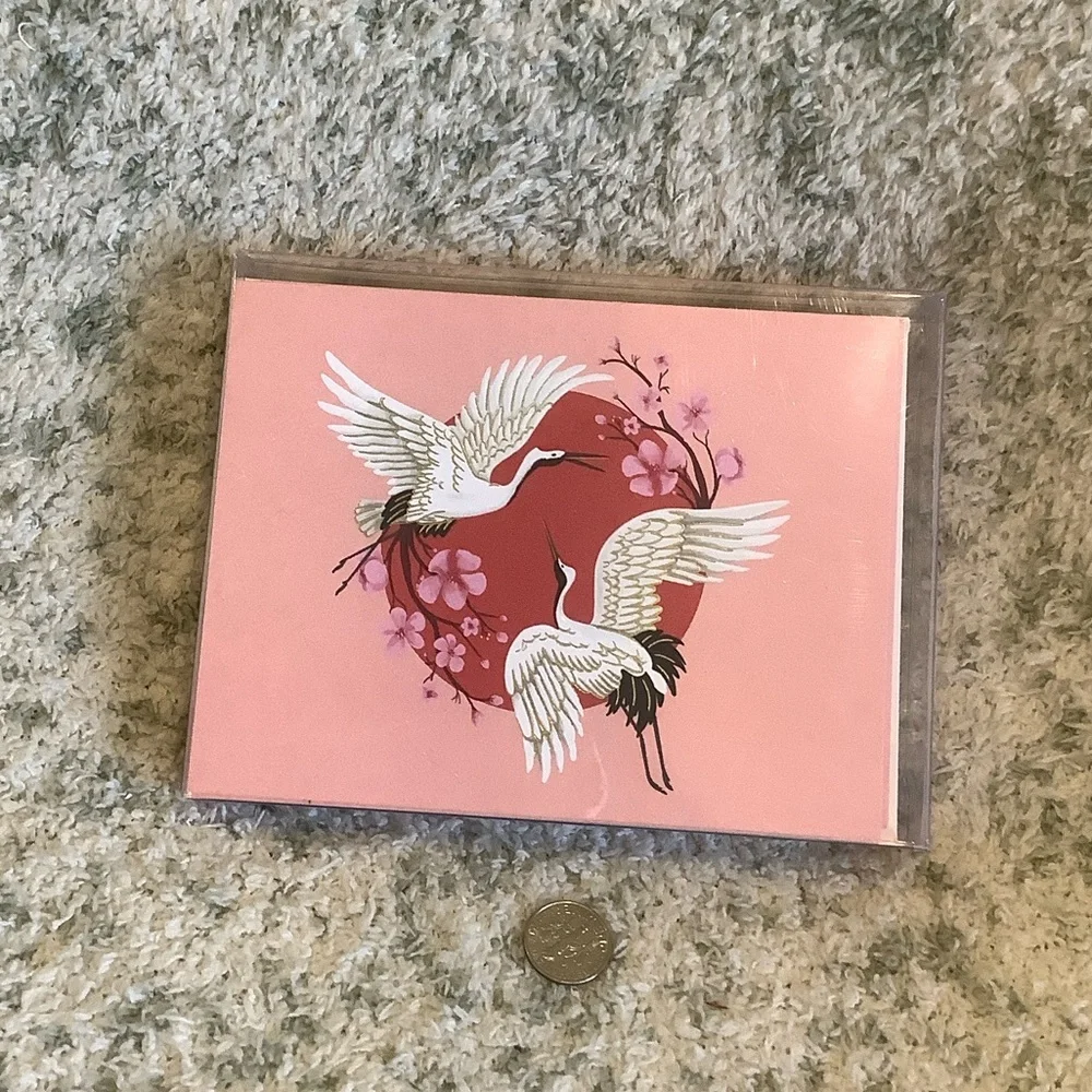 White Crane Red Moon Floral Boxed Note Cards Paper Source NWT set of 10